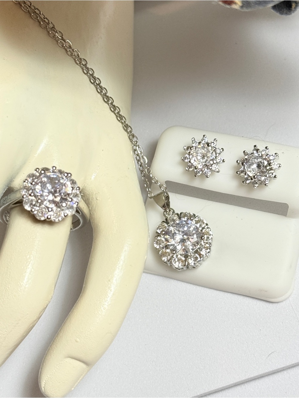 Silver & Moissanite diamonds necklace ring & matching earrings NEW